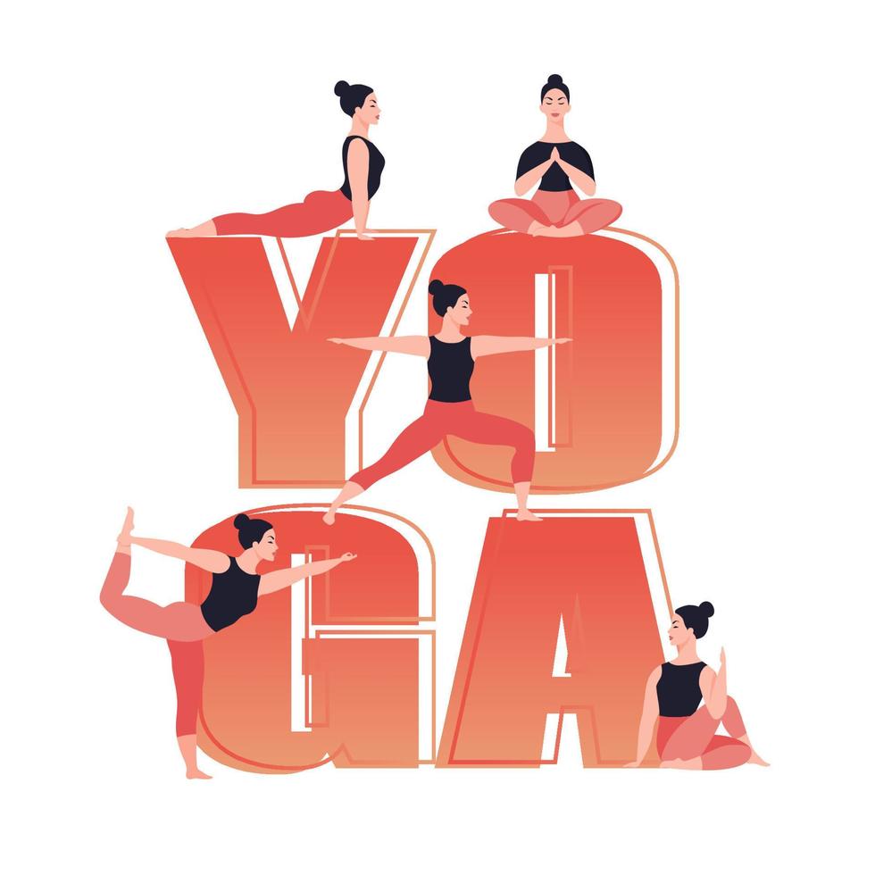 Yoga text. Young woman practicing yoga and meditation. Girl do different yoga poses. Flat vector illustration