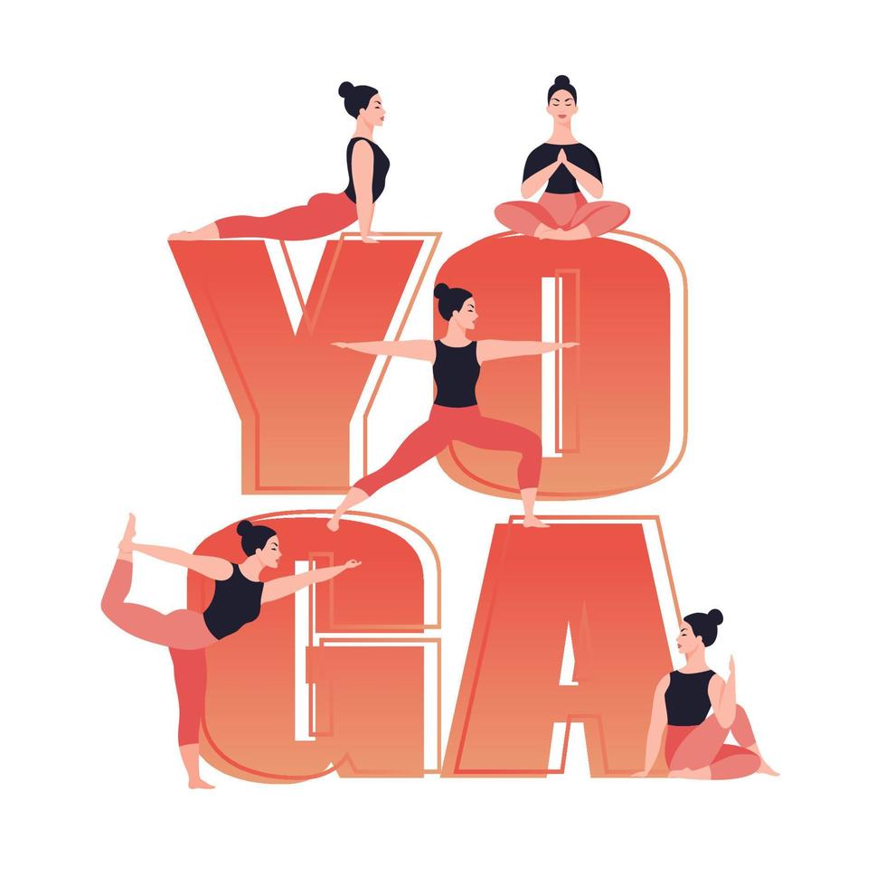 texto de yoga mujer joven practicando yoga y meditación. chica hacer diferentes poses de yoga. ilustración vectorial plana vector