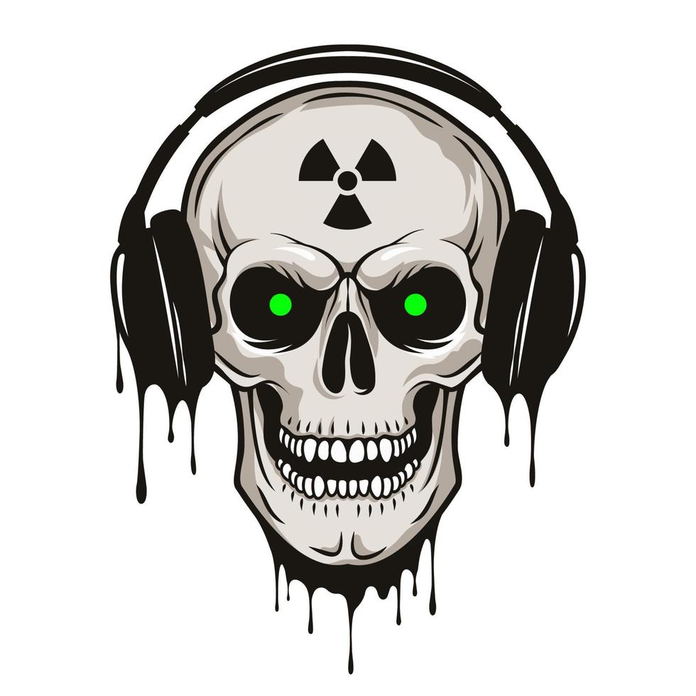 vector, grunge, cráneo humano, con, auriculares, y, radiación, señal vector