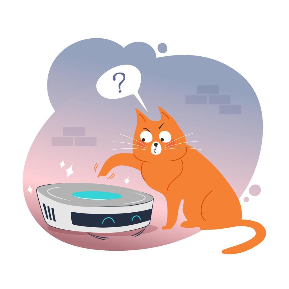 Ginger cat explores the new robot vacuum cleaner, vector illustration