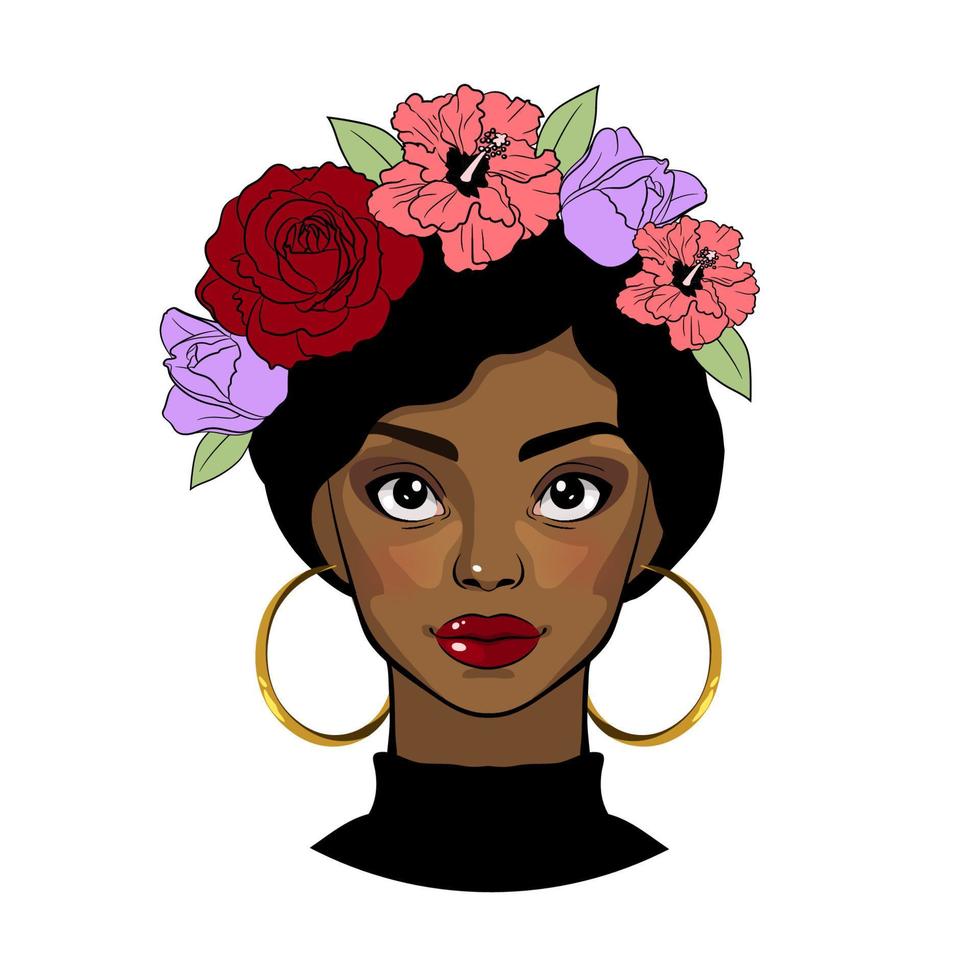 chica negra con corona floral. hermosa joven. retrato de dibujos animados de vectores