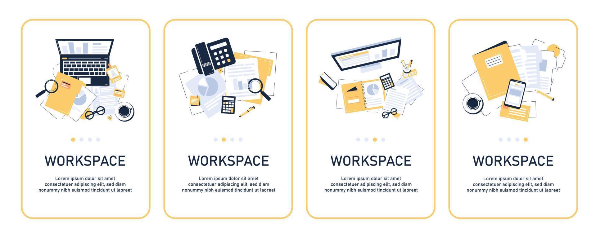 Top view of modern and stylish workplace,office supplies,flat design icon vector illustration