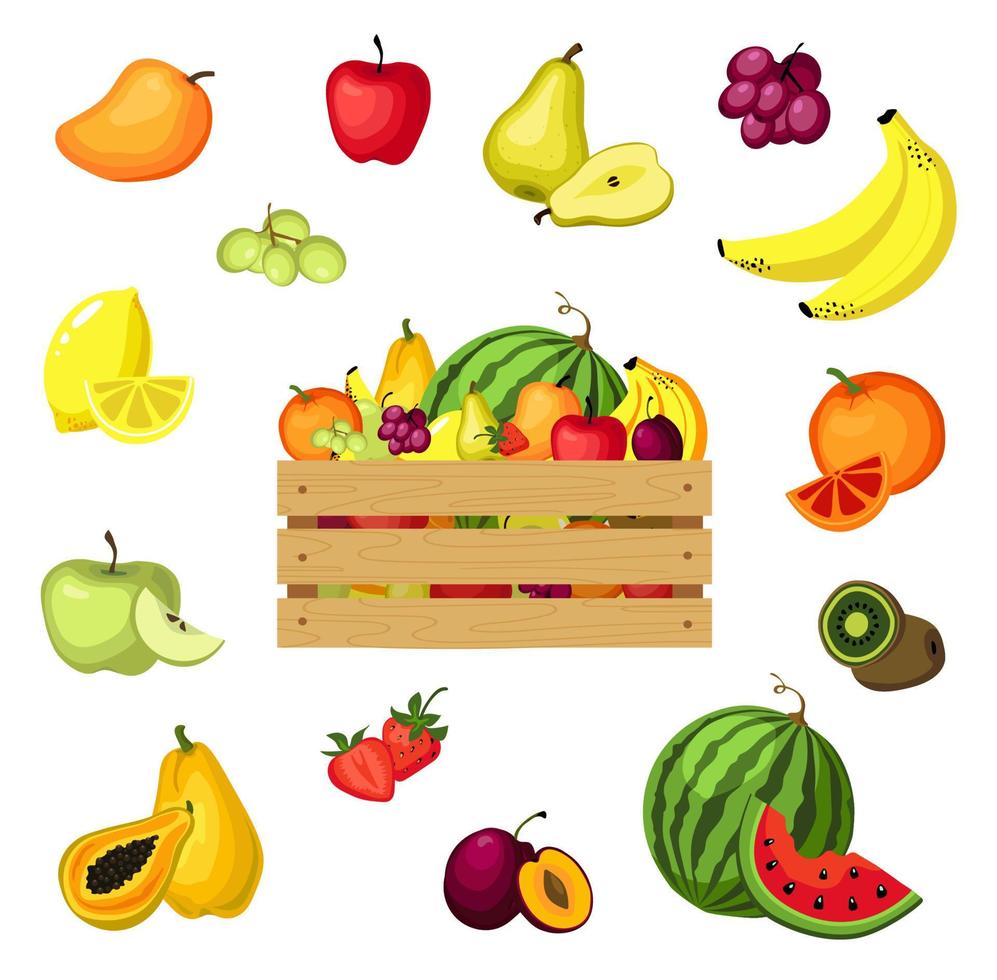 Wooden box with fresh fruits vector