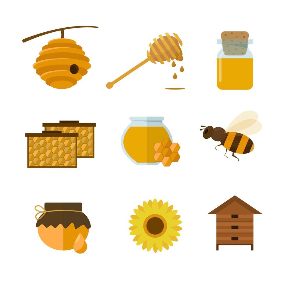 conjunto de abejas, miel, letras y otras ilustraciones de apicultura vector