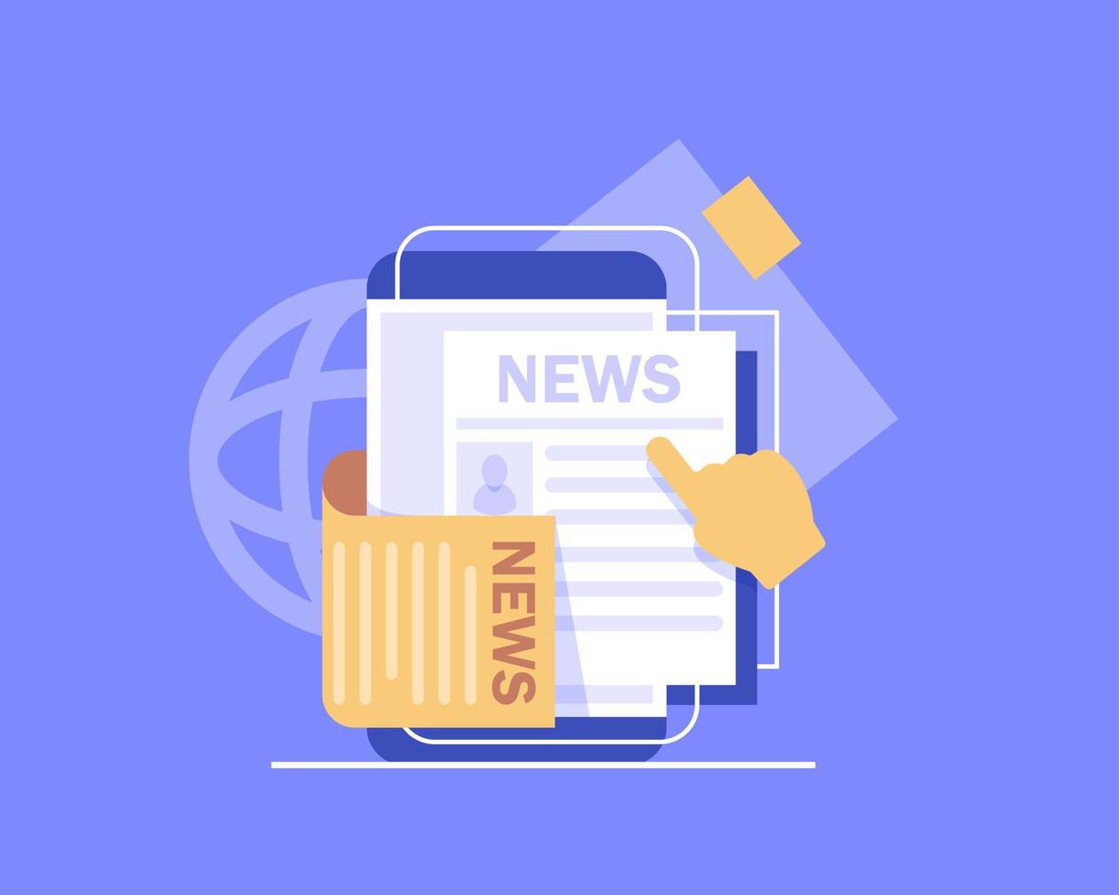 Reading news on smartphone. Online newspaper website opened in mobile browser on smart phone. News app, online media. Modern flat design vector