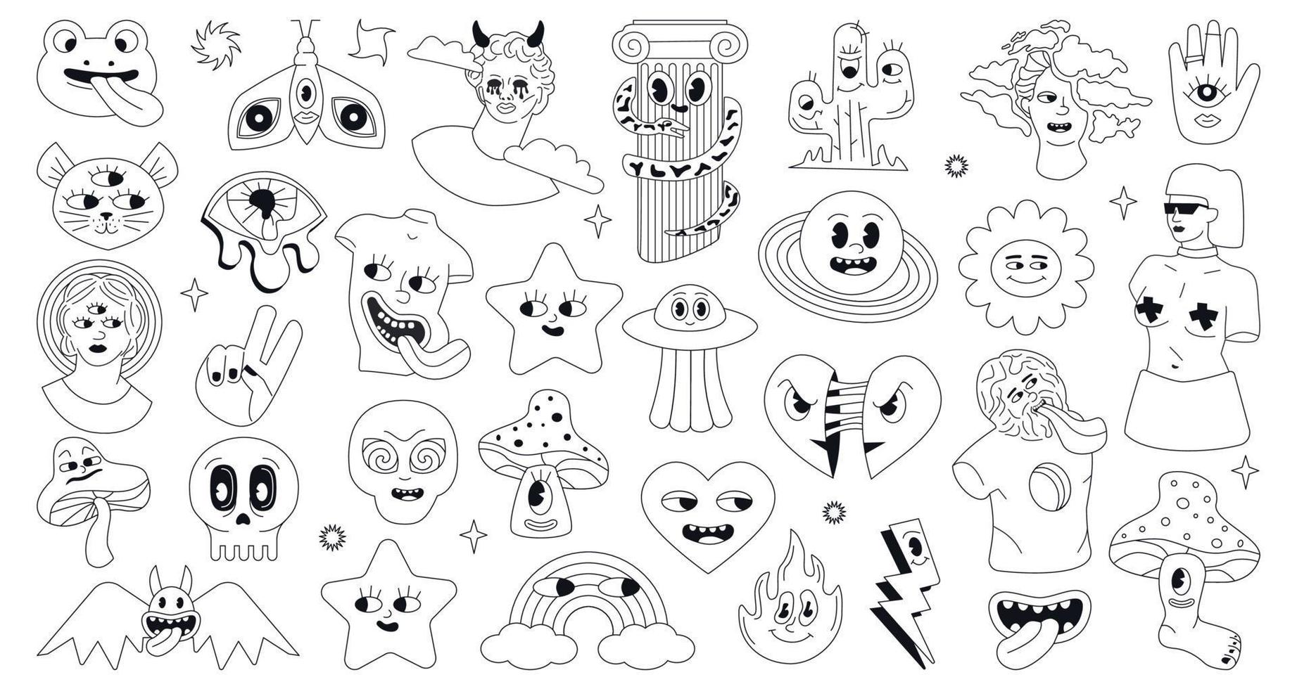 A collection of black and white psichedelic mad characters. Outlined groovy signs and tatoo. Arts stylized as an old cartoon 1970s. vector