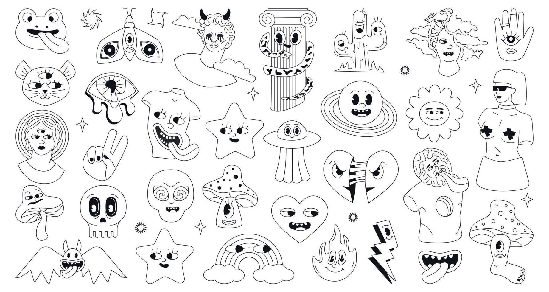 una colección de locos personajes psicodélicos en blanco y negro. delineó signos maravillosos y tatuajes. artes estilizadas como una vieja caricatura de la década de 1970. vector