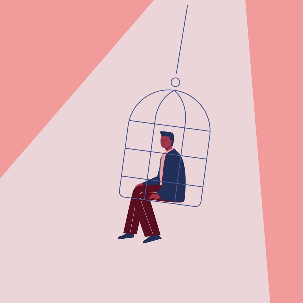 A man sitting in a cage, a symbol of depression, loneliness, isolation. vector