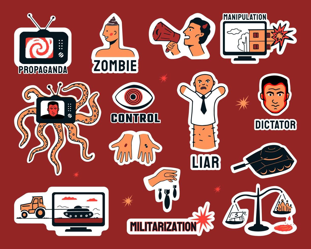 A set of stickers - symbols of the totalitarian regime, propaganda, manipulation, falsification of news. vector