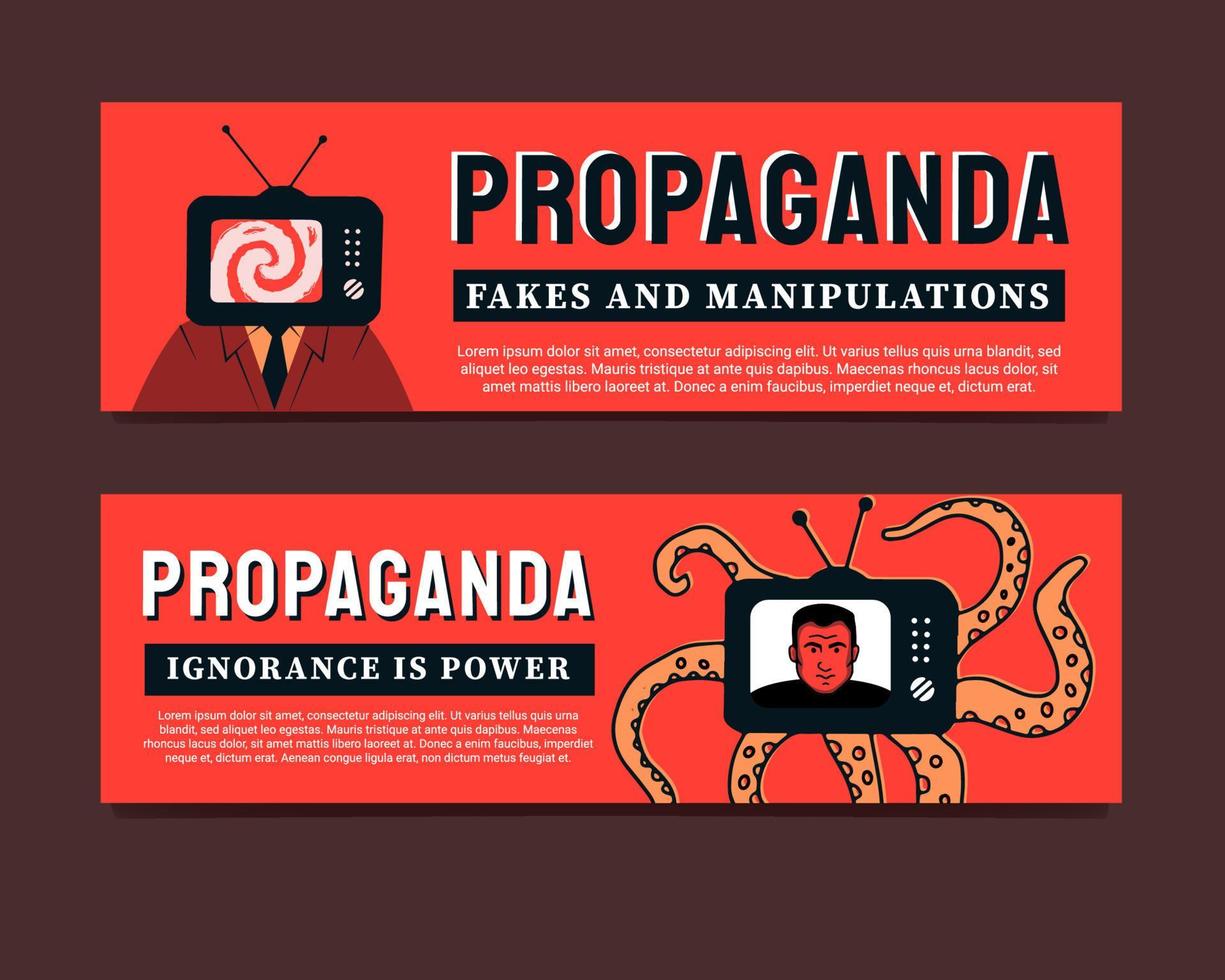 The person is a TV instead of a head and an octopus as a symbol of propaganda. Red and black banners. vector