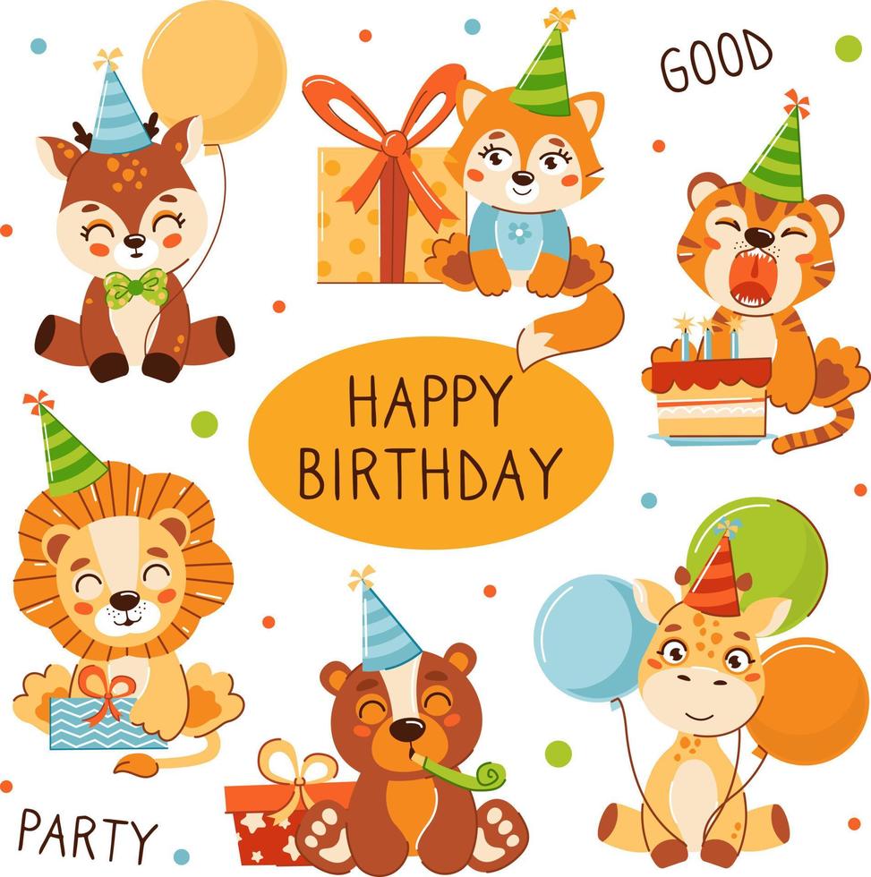 A set of cute animals for happy birthday decoration. Vector illustration in flat style