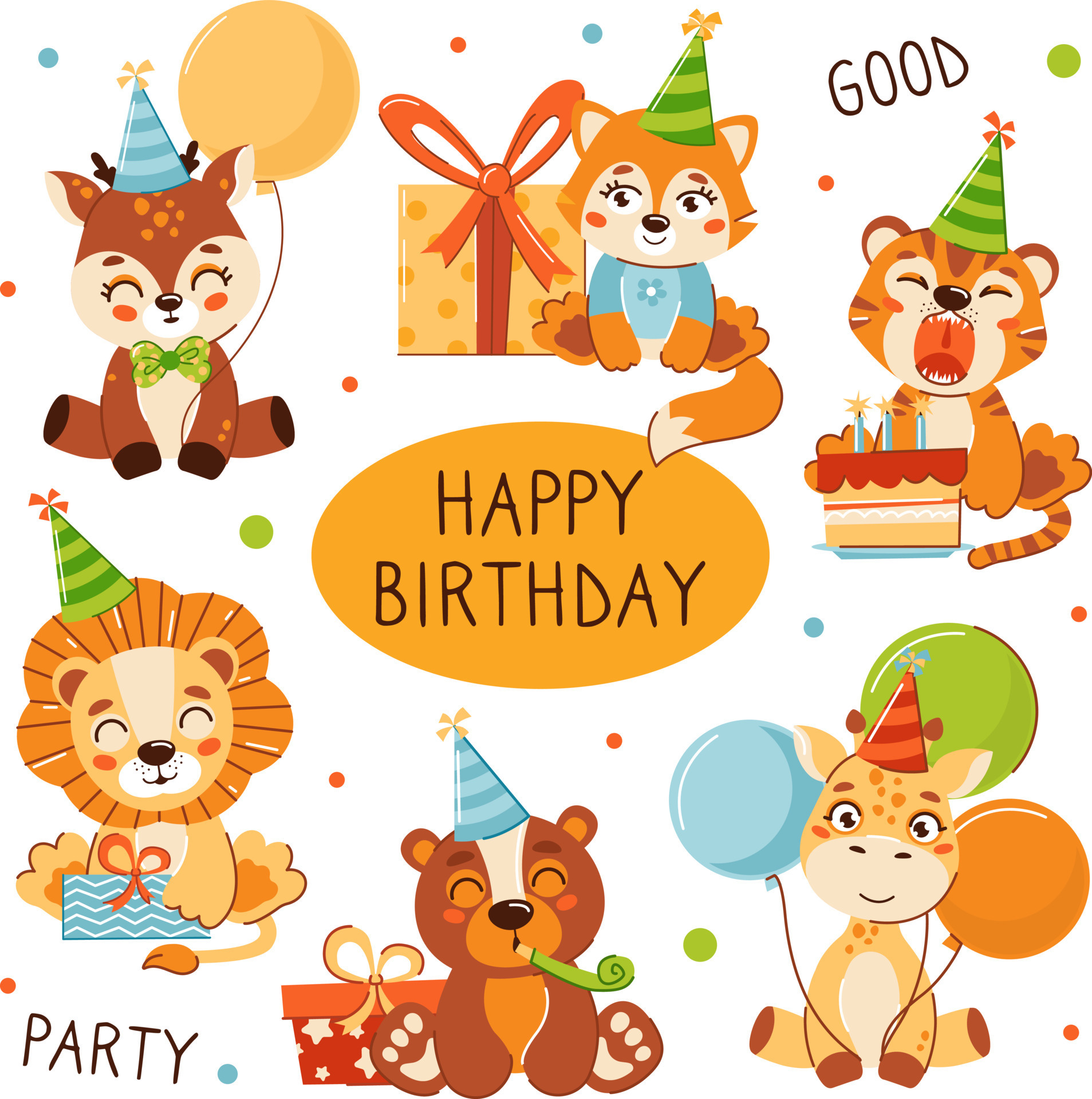 A set of cute animals for happy birthday decoration Vector