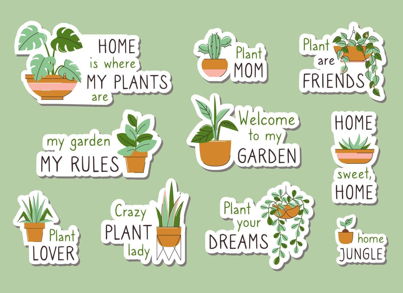 a set of stickers with indoor plants and text. Green friends. Vector illustration in flat style