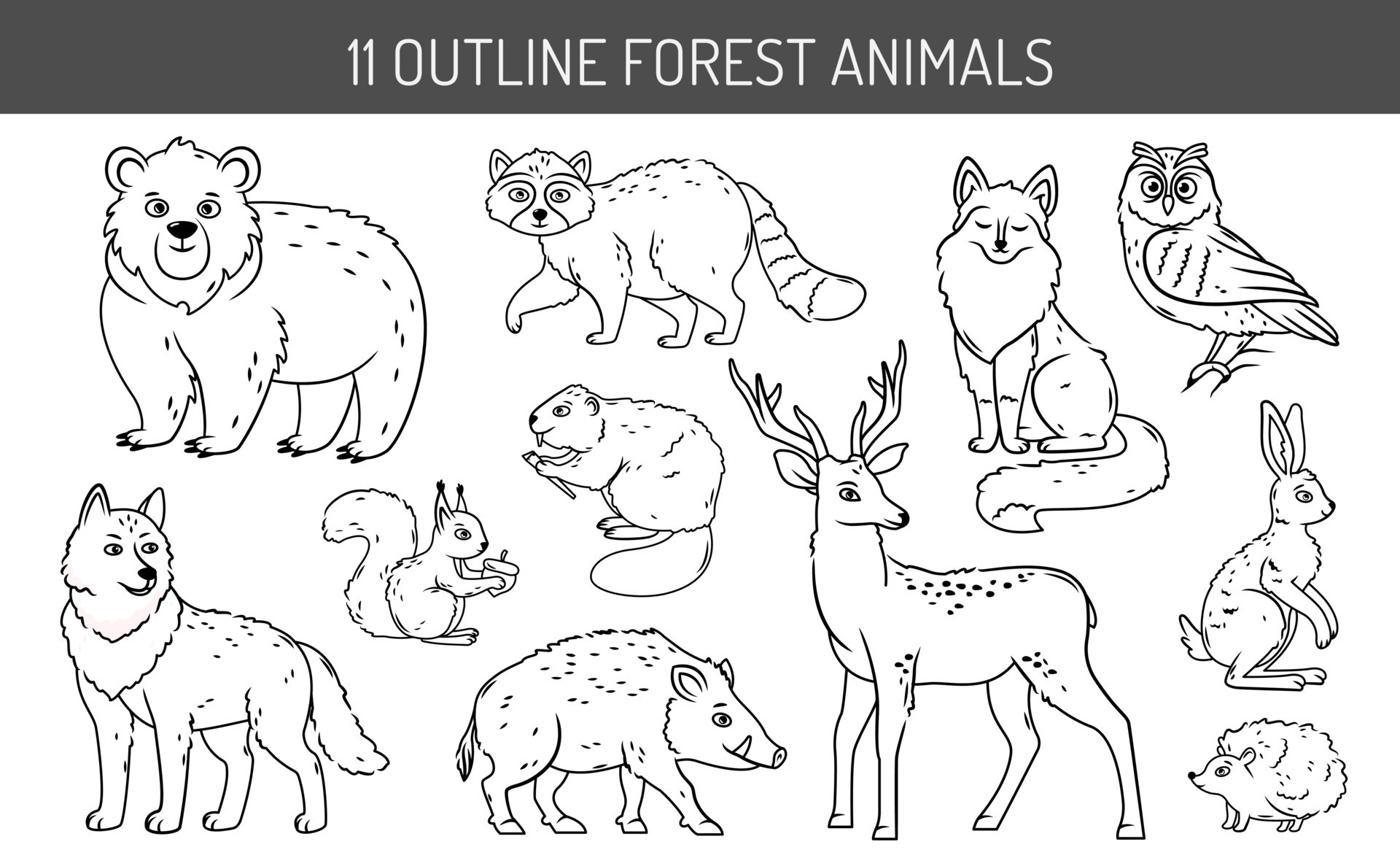 A set of forest animals on an isolated background. Cute contoured animals  in cartoon style vector 12961470 Vector Art at Vecteezy