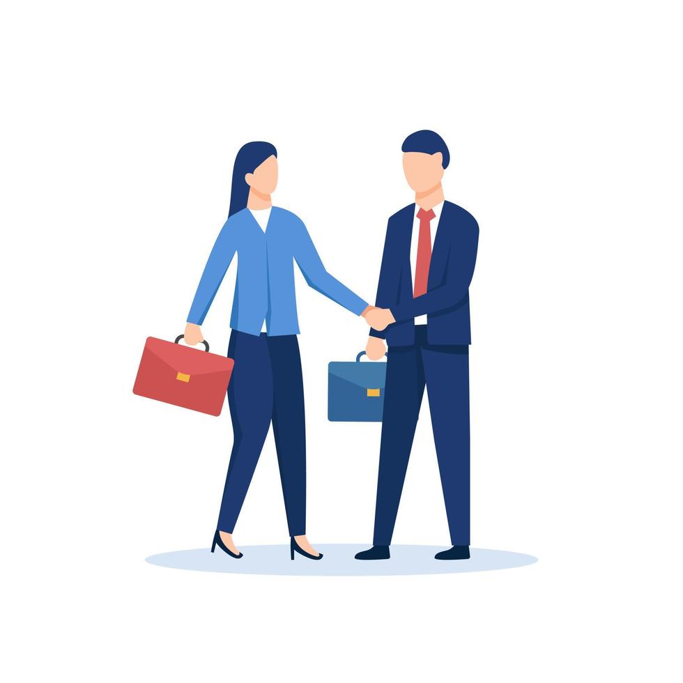 Business man and woman shaking hands. Job hire Modern flat vector