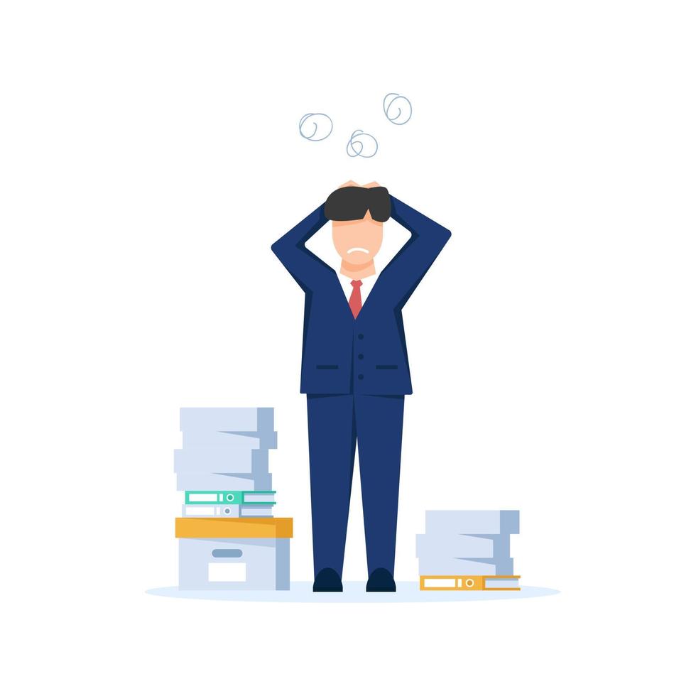 Tired and exasperated office worker,lot of work, Rush work. Flat style modern design vector