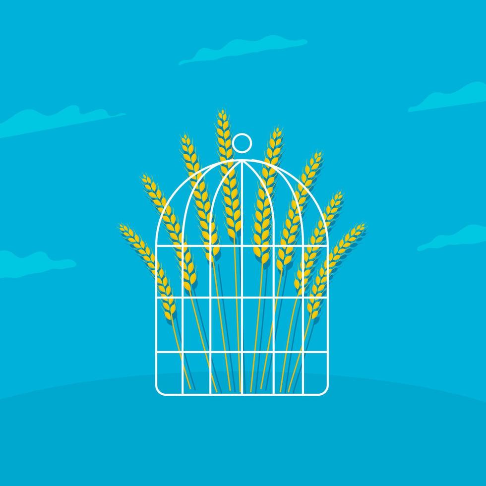 Wheat in a cage. a symbol of grain shortage, a harbinger of a global catastrophe, world famine, rising prices for bread. vector