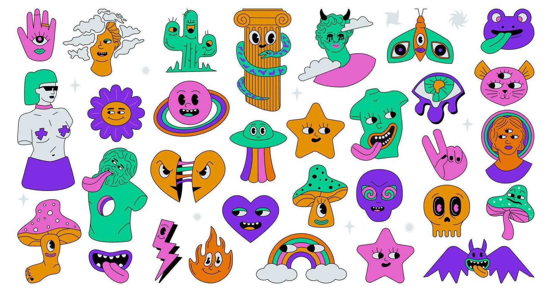 A set of acid trippy mad characters. Outlinned groovy signs. vector