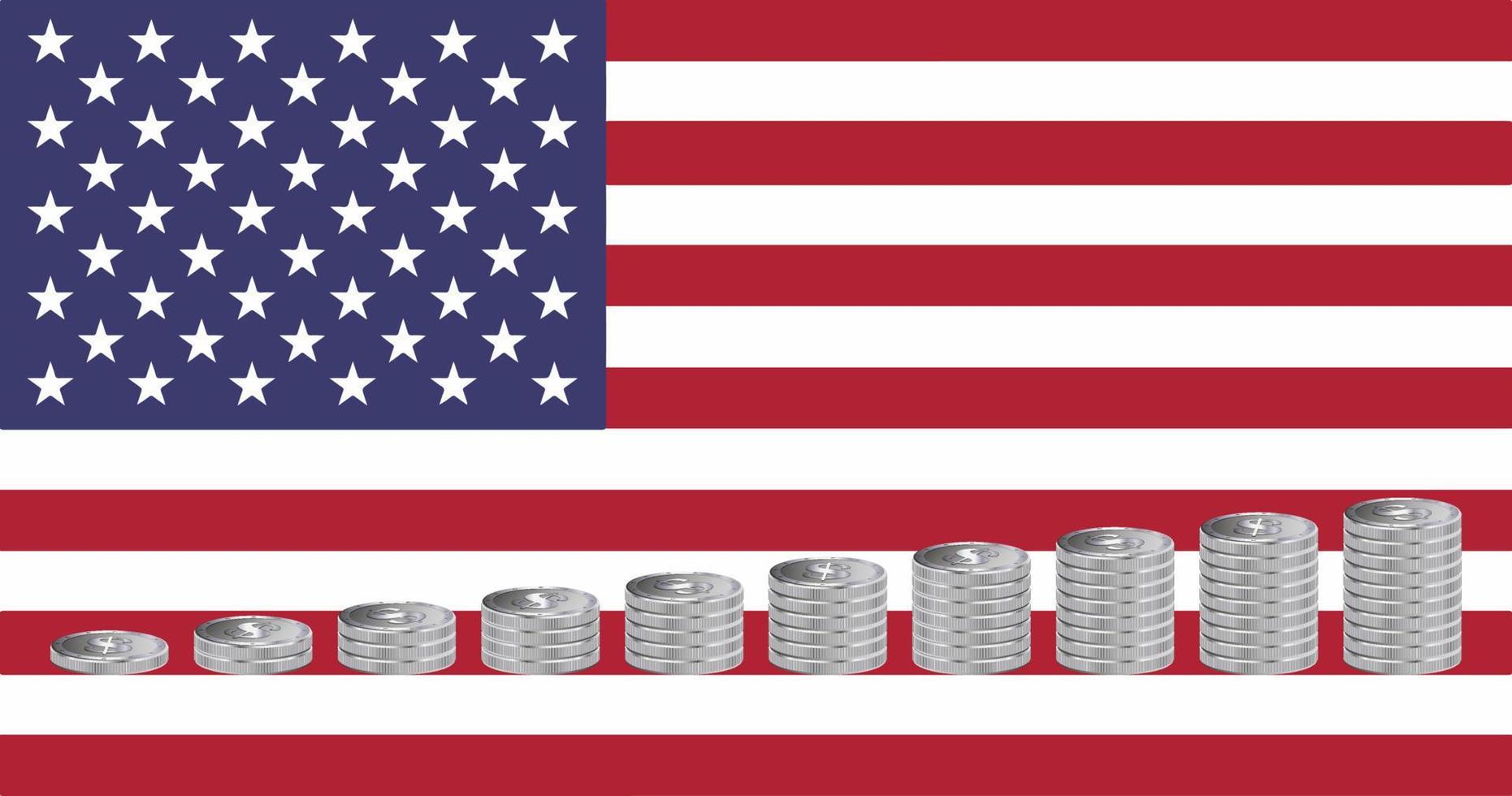 montones de monedas de dólar plateadas en el fondo de la bandera de estados unidos. vector