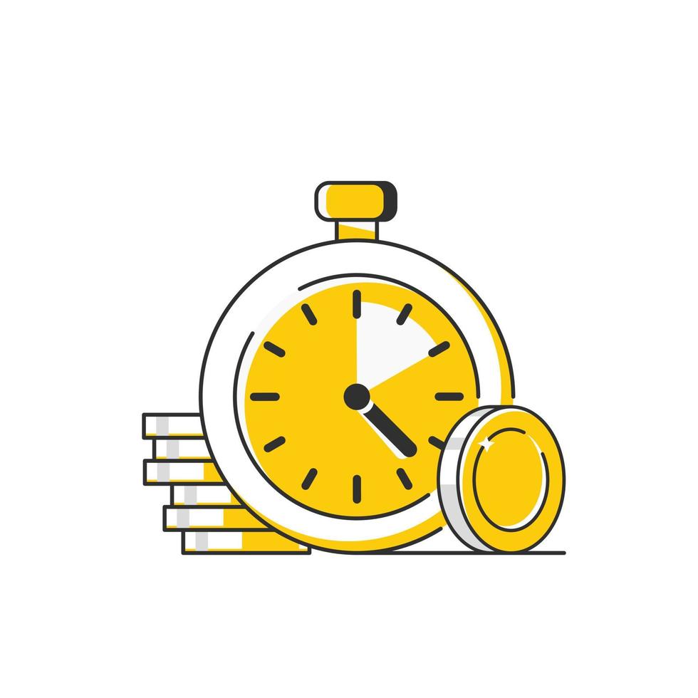 el tiempo es concepto de dinero, reloj y moneda, inversión financiera a largo plazo, ilustración de vector de icono de diseño plano