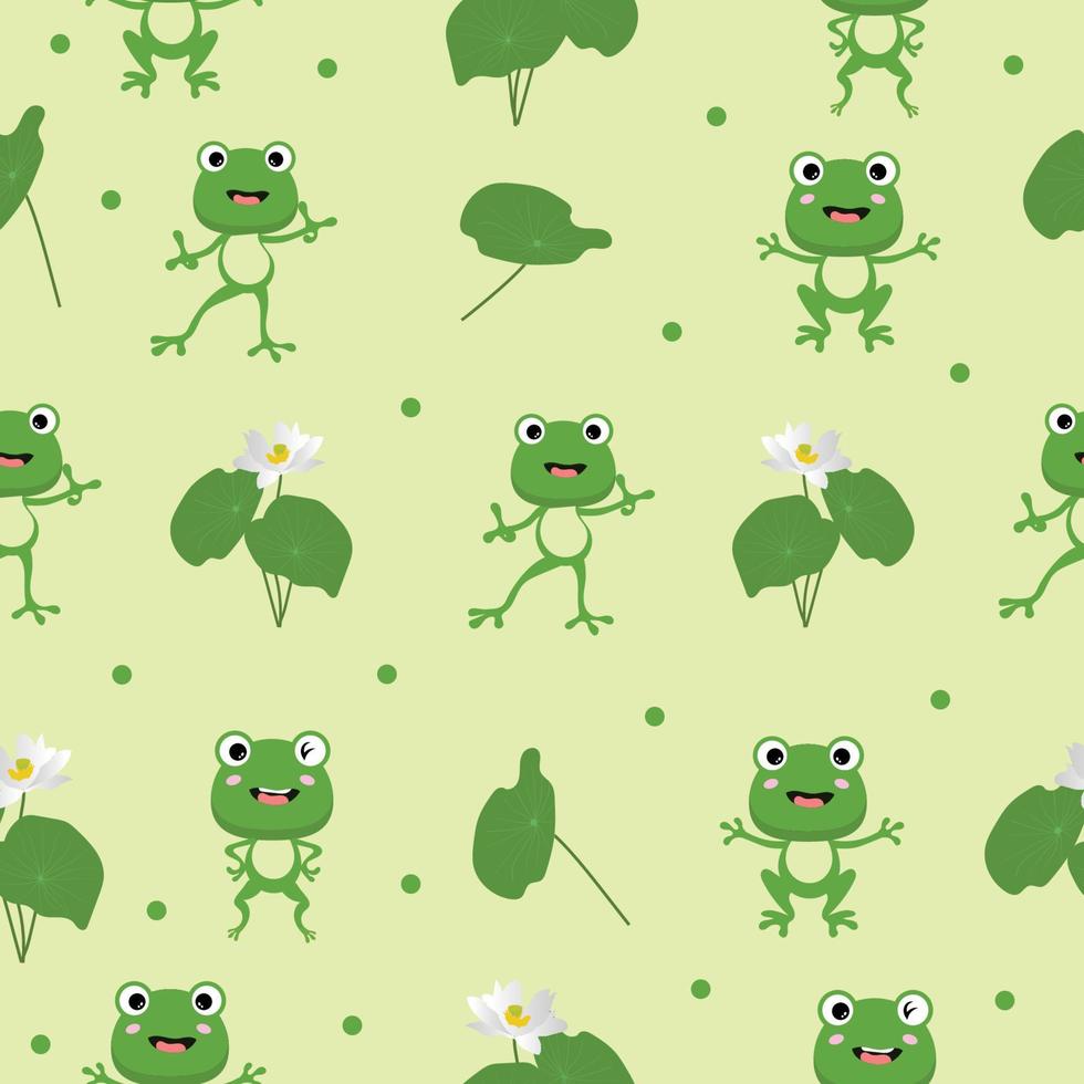 Funny green flat frogs with lilies seamless pattern background. Cute frogs different poses vector