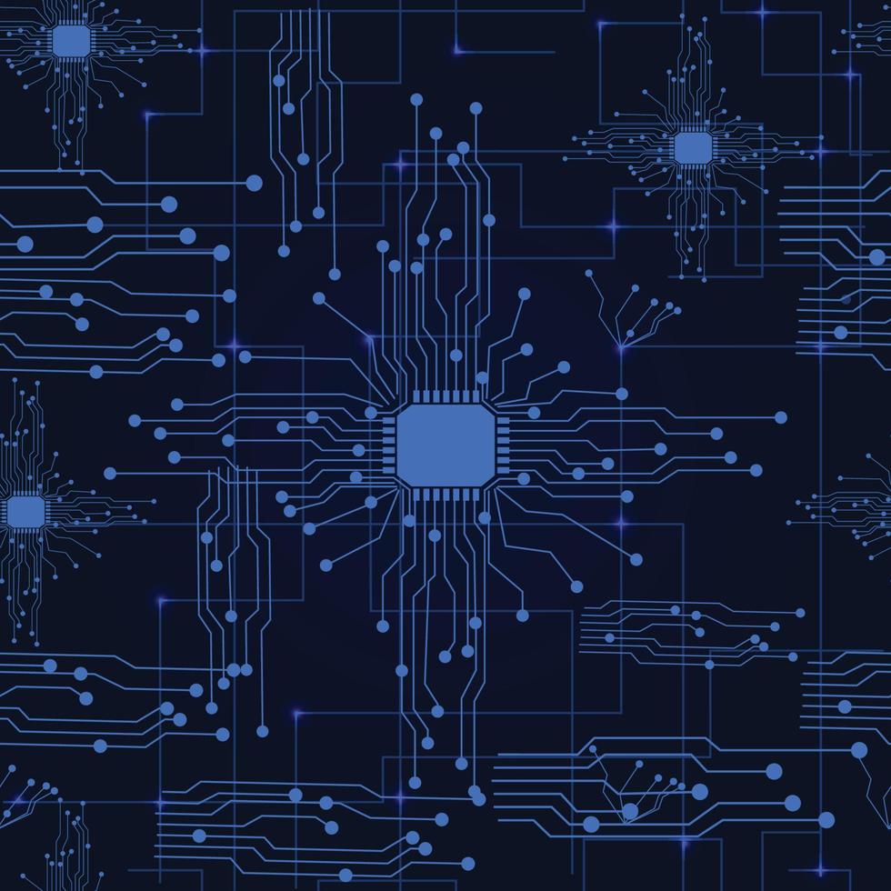 Flat Microelectronics high tech chip circuit board seamless pattern background vector