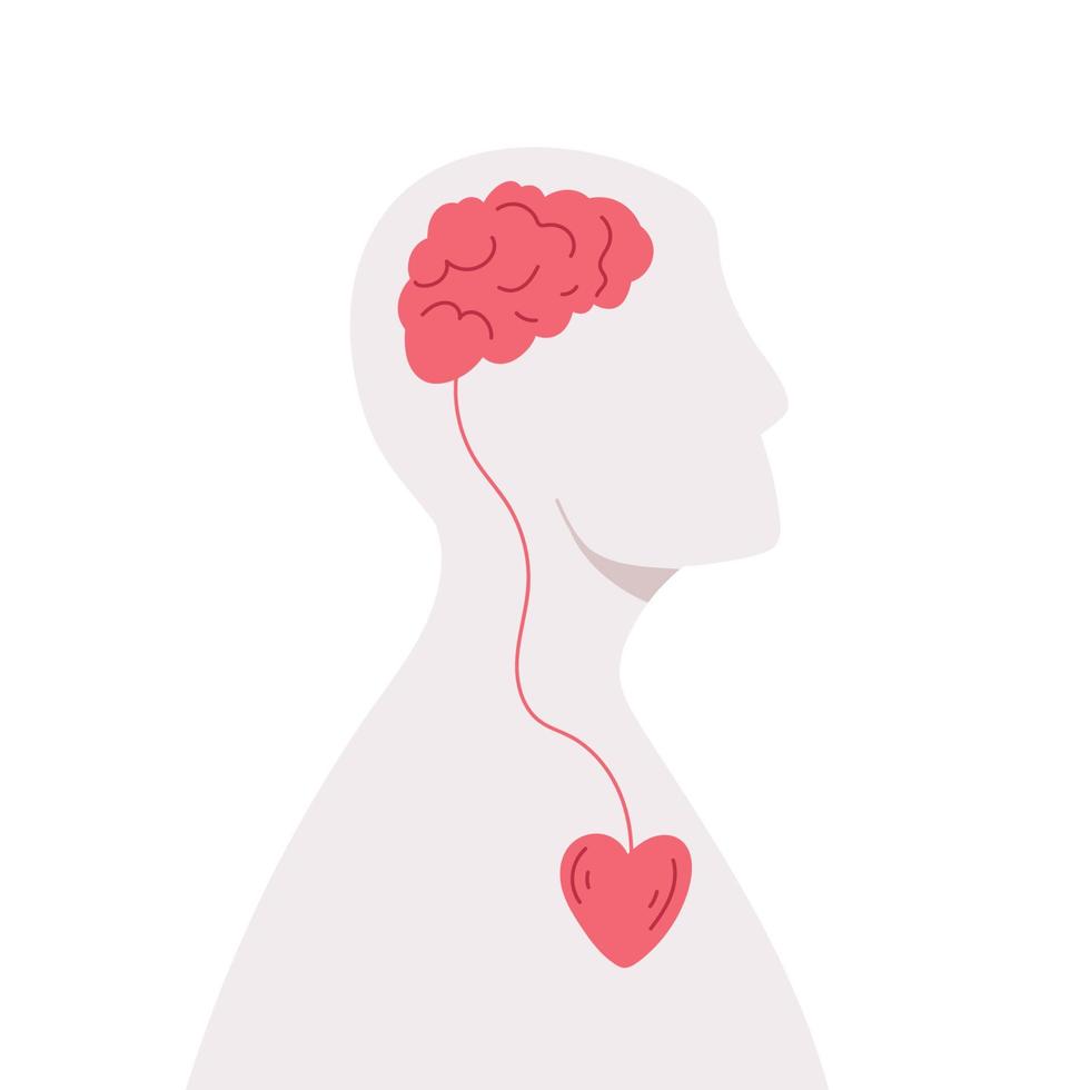 salud mental. armonía del cerebro y el corazón. el hombre se cuida a sí mismo. ilustración vectorial plana. vector