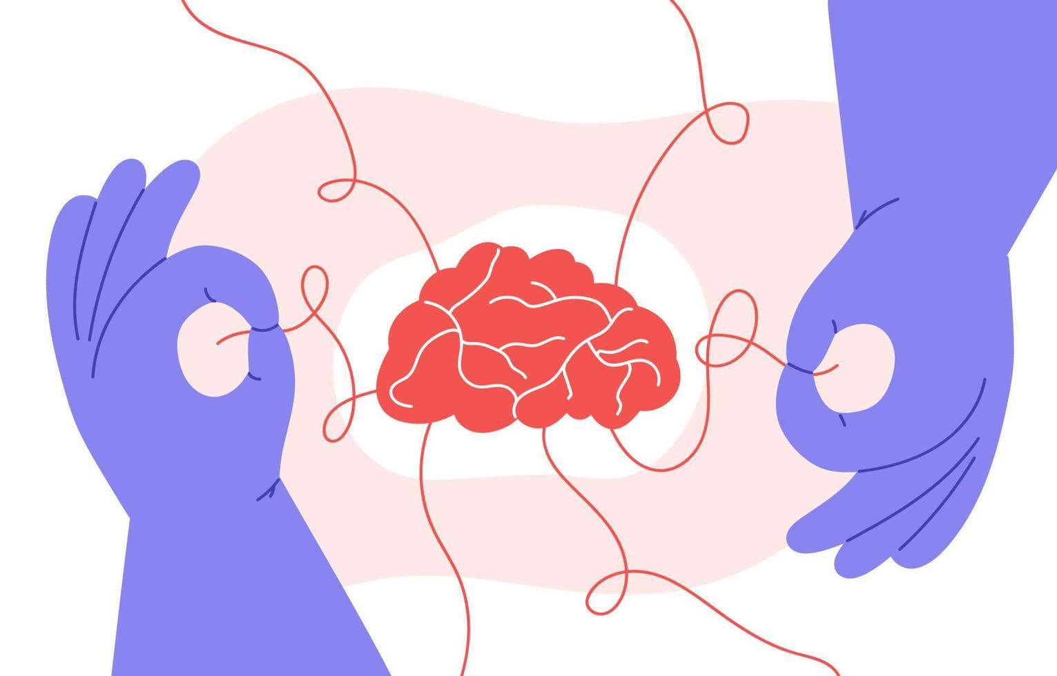 Psychotherapy concept. hands untangling messy snarl knot thoughts. Concept of mental health. Flat vector illustration.