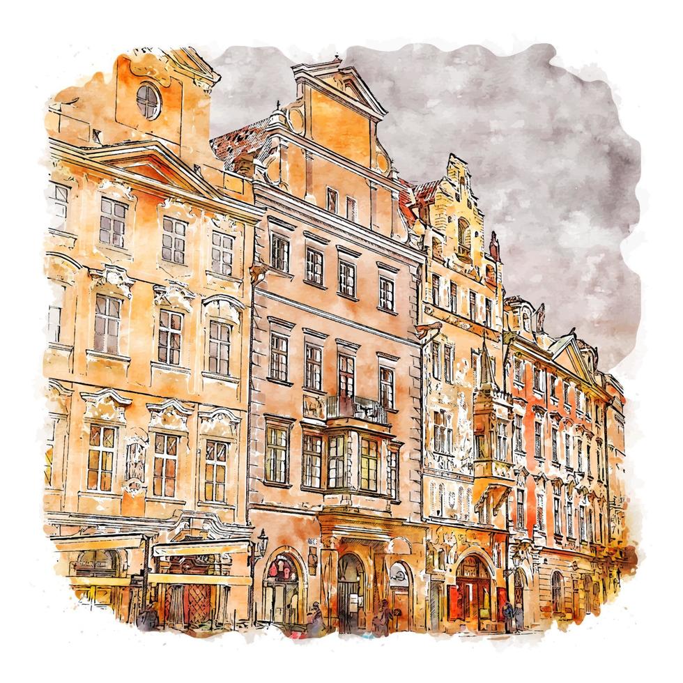 Old Town Square Prague Watercolor sketch hand drawn illustration vector