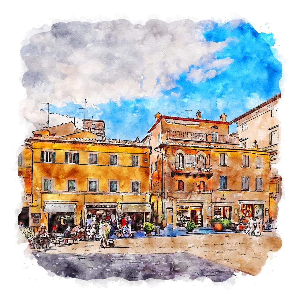 Cortona Tuscany Italy Watercolor sketch hand drawn illustration vector