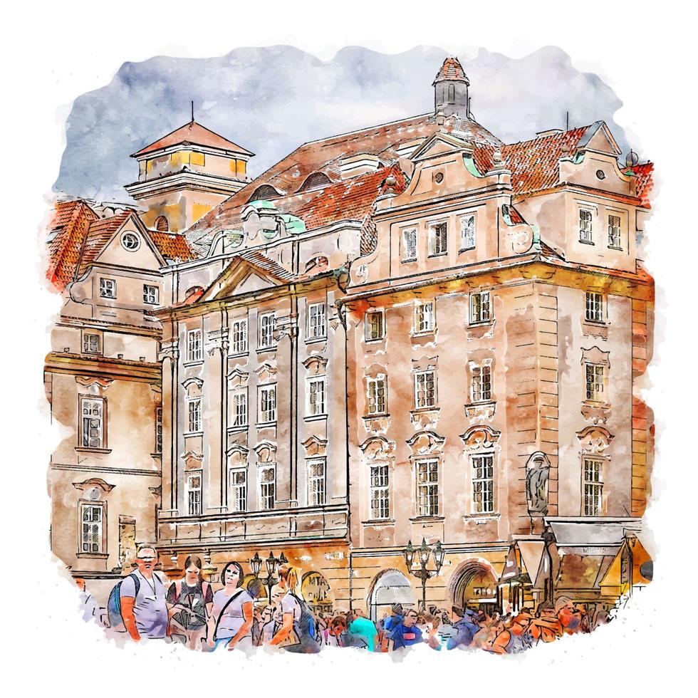 ilustración de dibujado a mano de bosquejo de acuarela de praga de plaza de la ciudad vieja vector