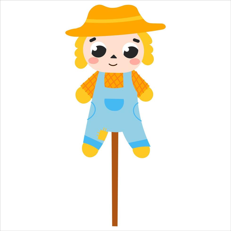 Cute scarecrow character in cartoon style isolated on white background for children books illustrations or posters, farm vector