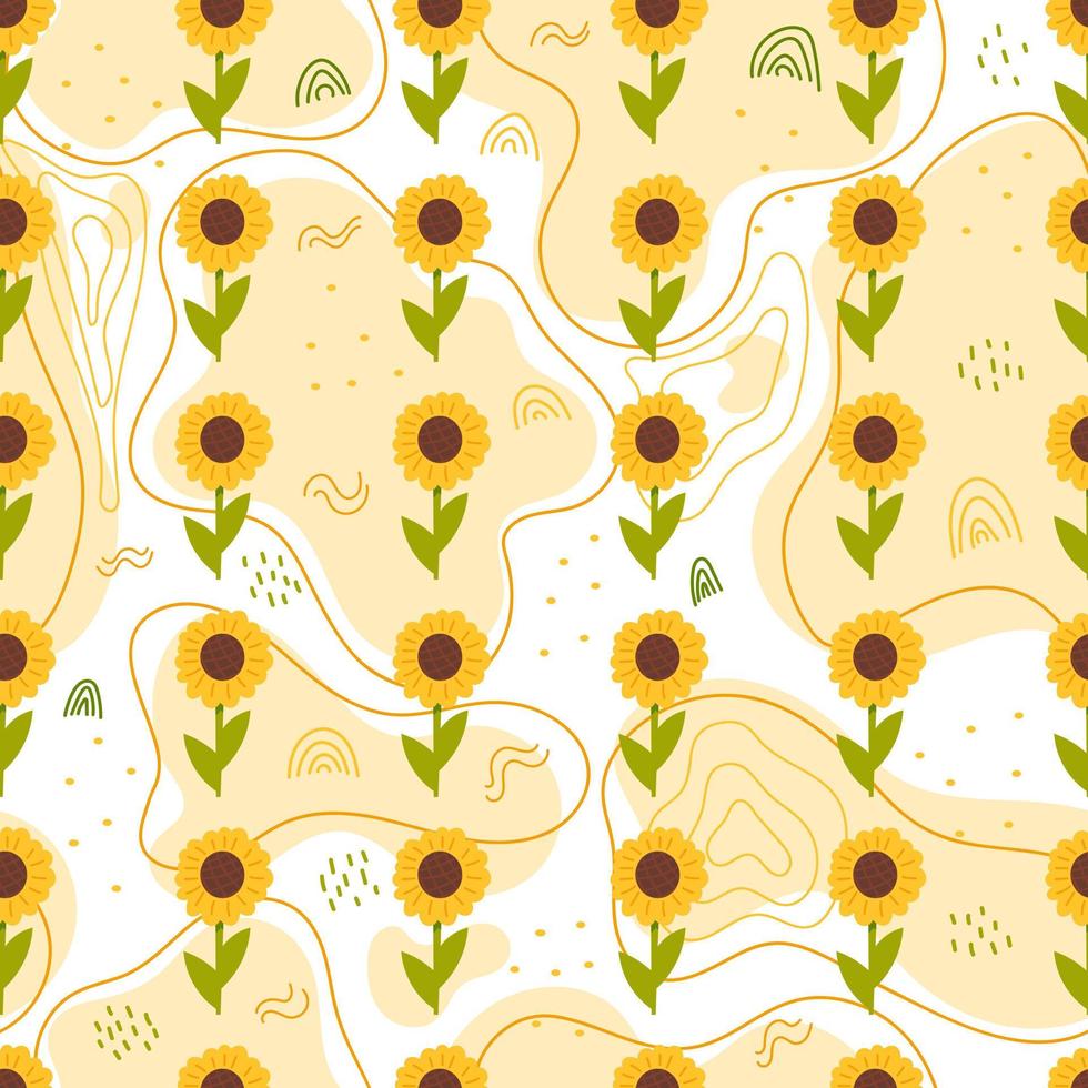 Sunflower seamless pattern with abstract forms, lines and dots, colorful ornament for kitchen textile in cartoon style vector