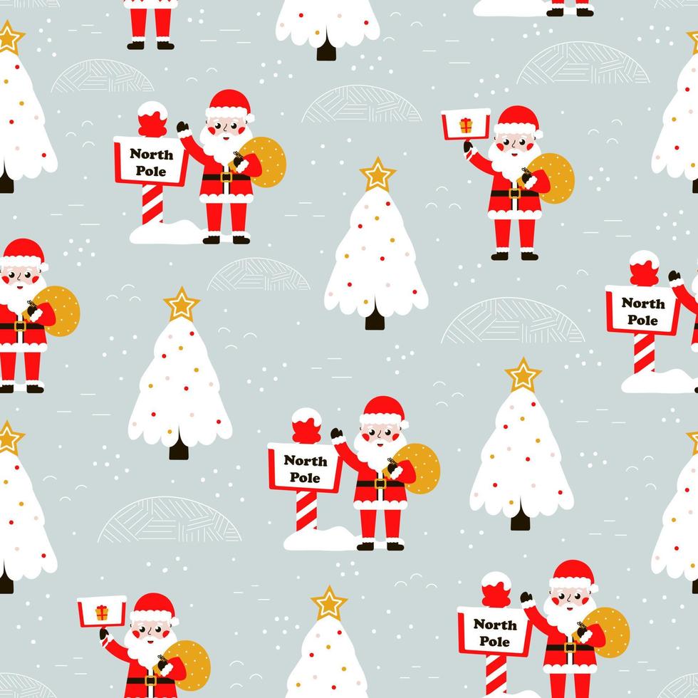 Seamless christmas pattern with santa claus and north pole on gray background for wrapping paper vector
