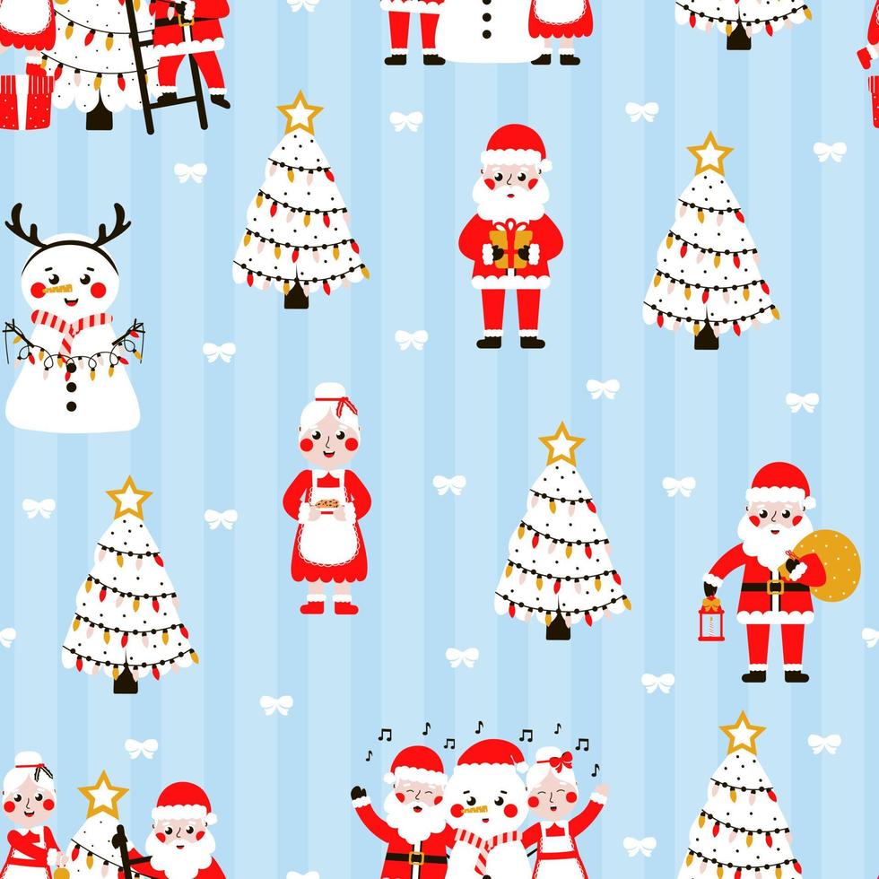 Seamless christmas pattern with cute santa and snowman, christmas tree on blue background vector