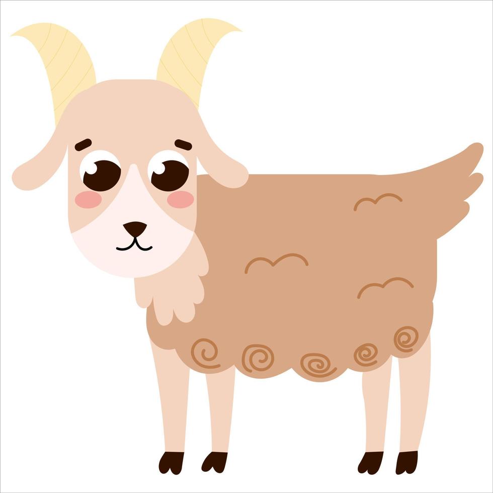 cabra linda en estilo de dibujos animados aislada en fondo blanco, animal de granja, concepto de estilo de vida rural para libros o carteles para niños vector