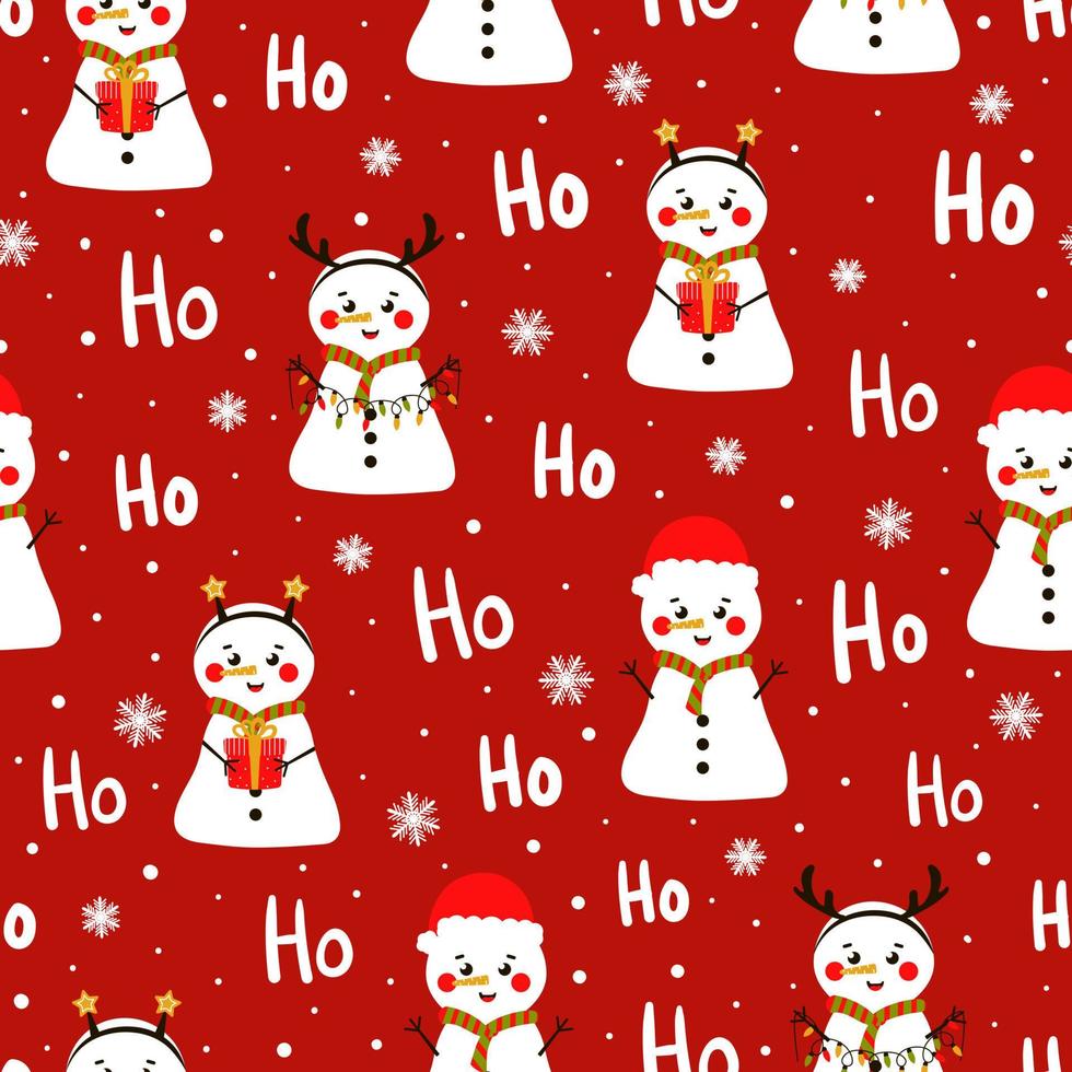 Seamless christmas pattern with cute snowman in diferent poses and ho ho lettering on red background for wrapping paper or textile print, vector