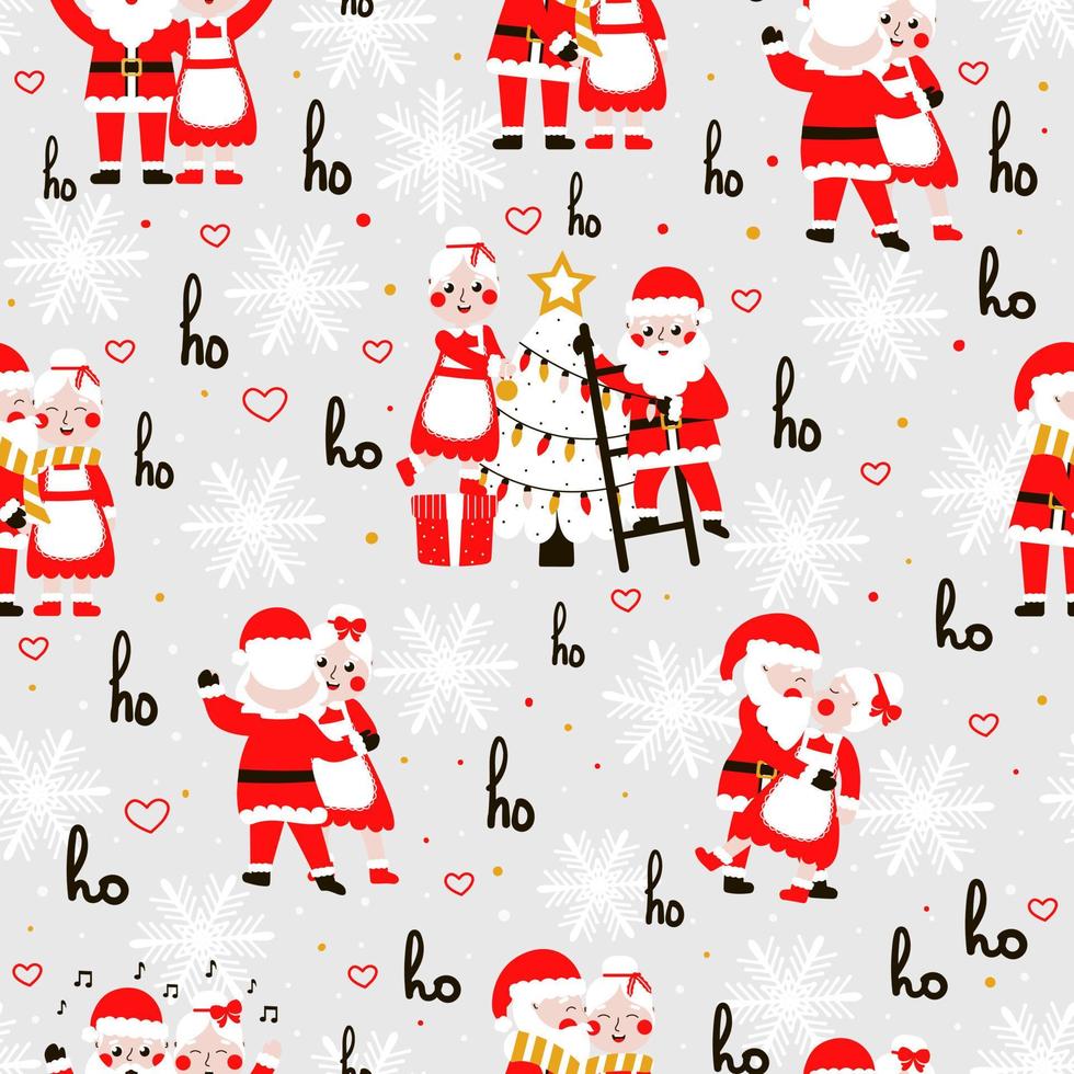 Seamless christmas pattern with santa and mrs claus on gray background for wrapping paper vector