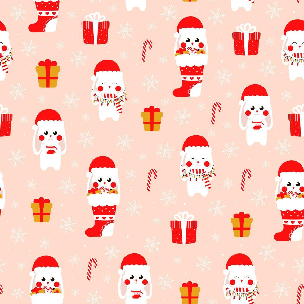 Seamless christmas pattern with cute christmas bunny with gift boxes on pink background for wrapping paper or textile print vector