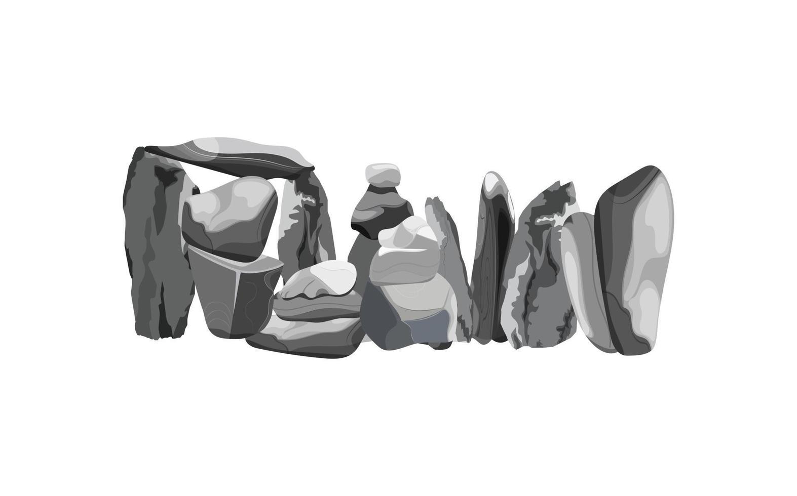 colección de piedras y plantas de diversas formas. guijarros costeros, adoquines, grava, minerales y formaciones geológicas. fragmentos de roca, cantos rodados y material de construcción. vector
