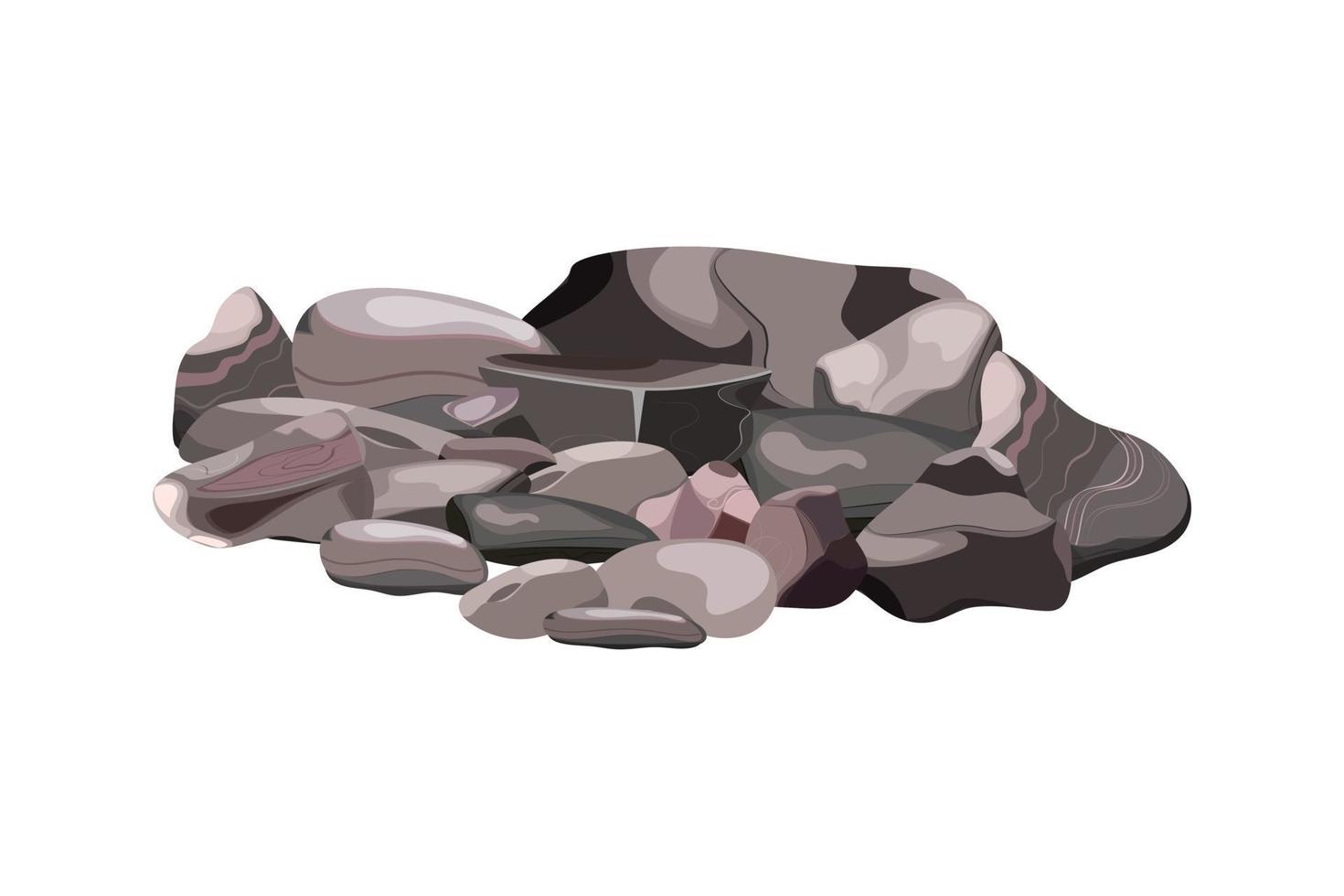 Collection of stones of various shapes and bushes.Coastal pebbles,cobblestones,gravel,minerals and geological formations.Rock fragments,boulders and building material. vector