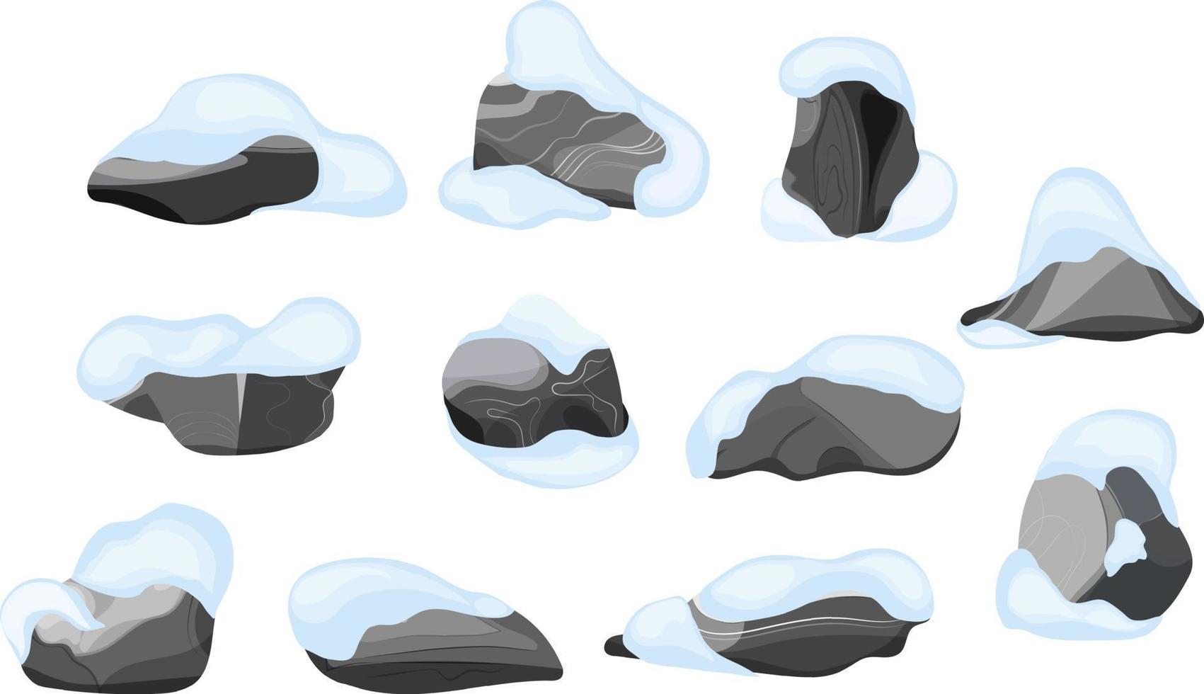 colección de piedras de diversas formas en la nieve. guijarros costeros, adoquines, grava, minerales y formaciones geológicas. fragmentos de roca, cantos rodados y material de construcción. vector