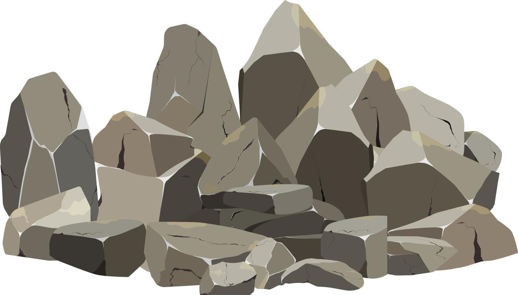 colección de piedras de varias formas y arbustos. guijarros costeros, adoquines, grava, minerales y formaciones geológicas. fragmentos de roca, cantos rodados y material de construcción. vector