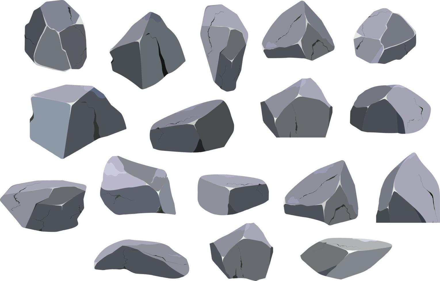 colección de piedras de varias formas y arbustos. guijarros costeros, adoquines, grava, minerales y formaciones geológicas. fragmentos de roca, cantos rodados y material de construcción. vector