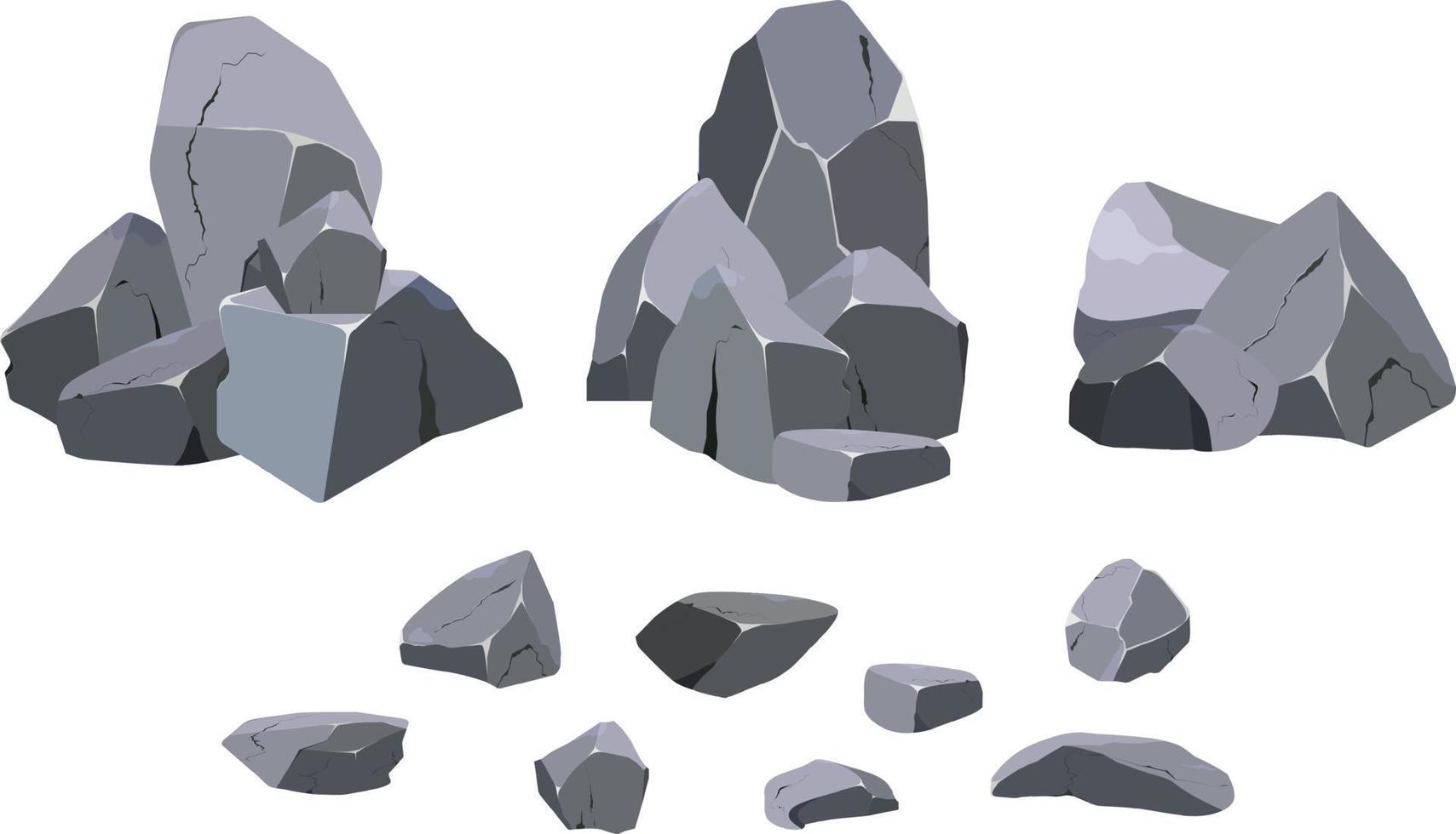 colección de piedras de varias formas y arbustos. guijarros costeros, adoquines, grava, minerales y formaciones geológicas. fragmentos de roca, cantos rodados y material de construcción. vector