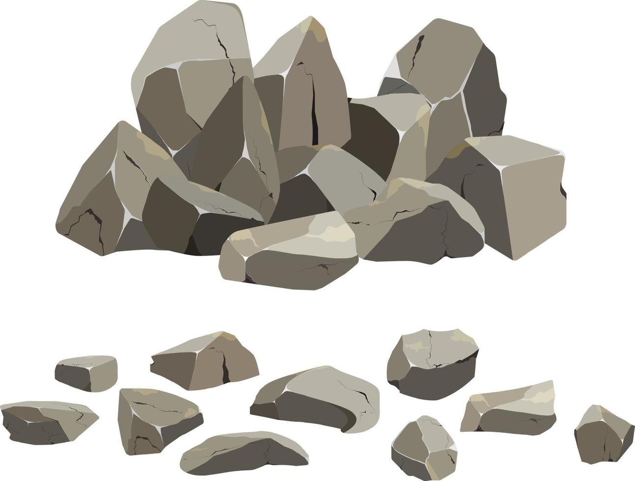 Collection of stones of various shapes and bushes.Coastal pebbles,cobblestones,gravel,minerals and geological formations.Rock fragments,boulders and building material. vector