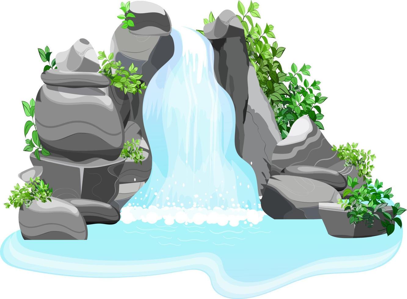 conjunto de paisajes tropicales naturales con una cascada que fluye entre rocas y piedras. una corriente de agua desemboca en un lago azul cubierto de arbustos y árboles silvestres. vector