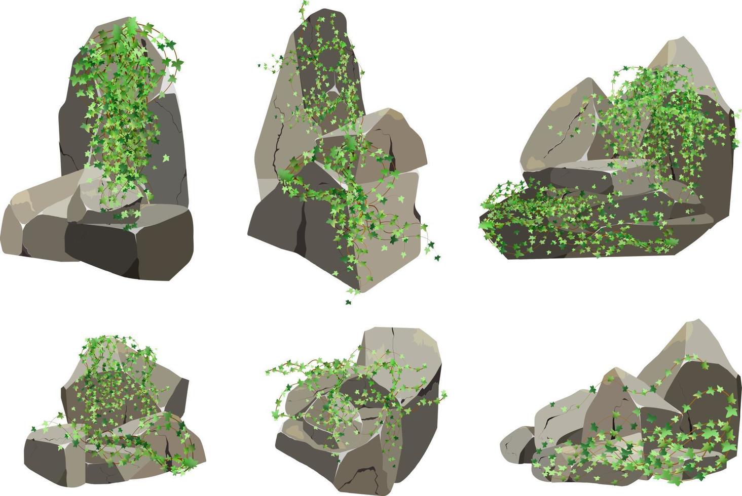 Collection of stones of various shapes and plants.Coastal pebbles,cobblestones,gravel,minerals and geological formations.Rock fragments,boulders and building material.Vector illustration . vector