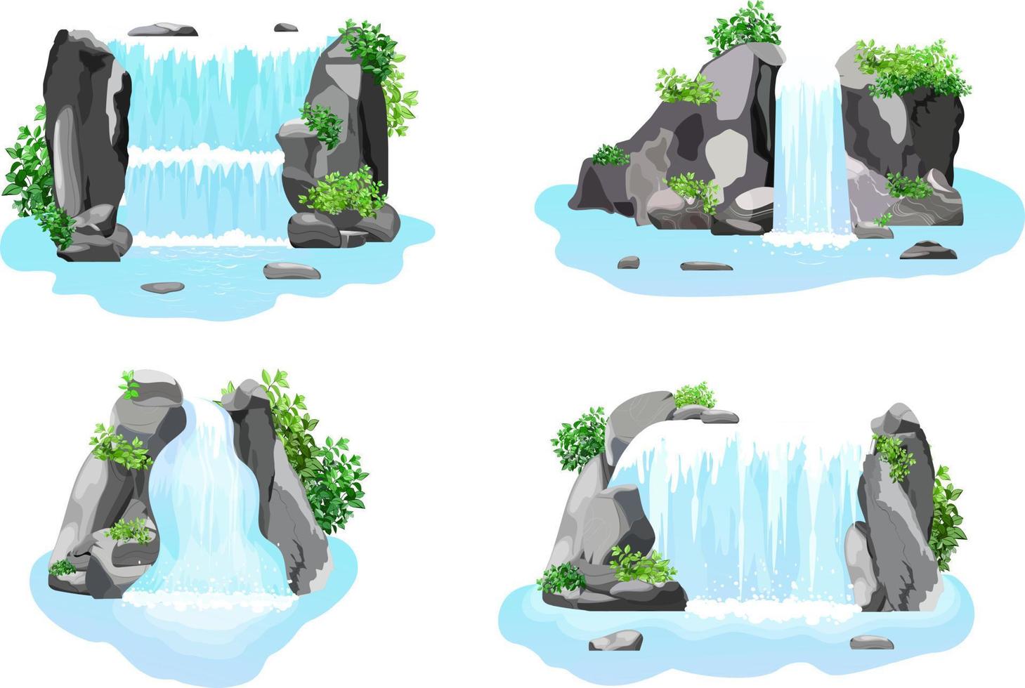 Set of natural tropical landscape with a waterfall flowing between rocks and stones. A water stream flows into a blue lake overgrown with wild bushes and trees. vector