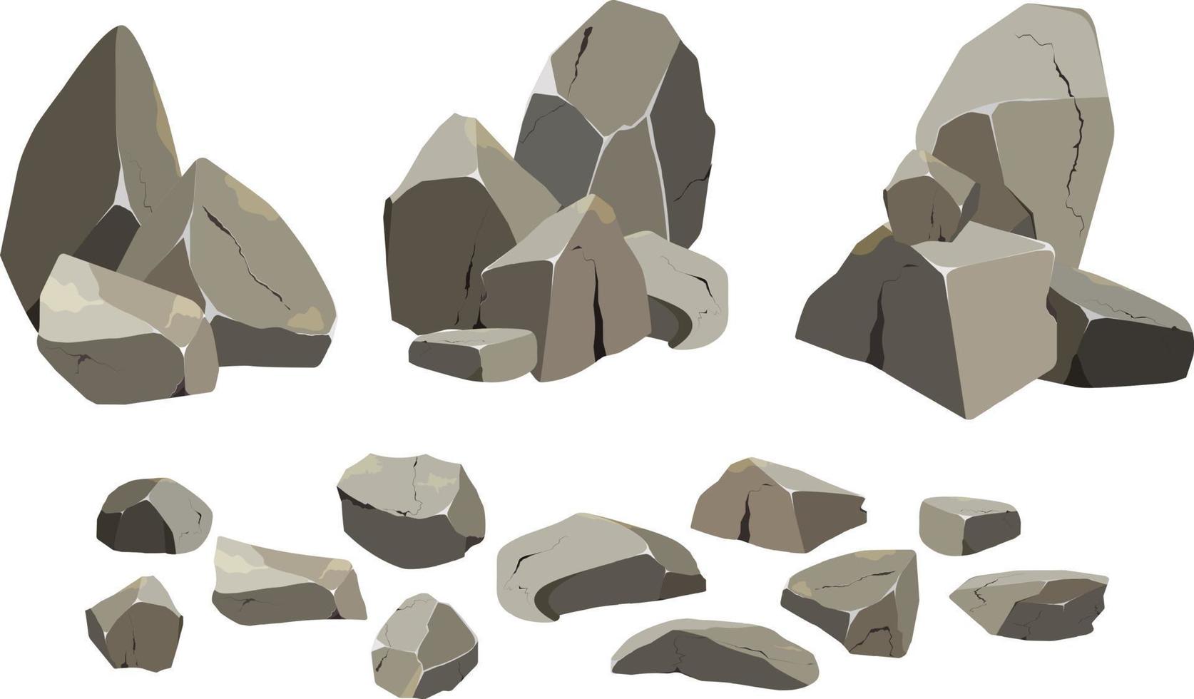 colección de piedras de varias formas y arbustos. guijarros costeros, adoquines, grava, minerales y formaciones geológicas. fragmentos de roca, cantos rodados y material de construcción. vector